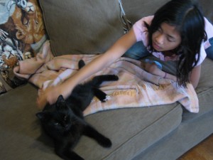 Rose petting Noel the black cat